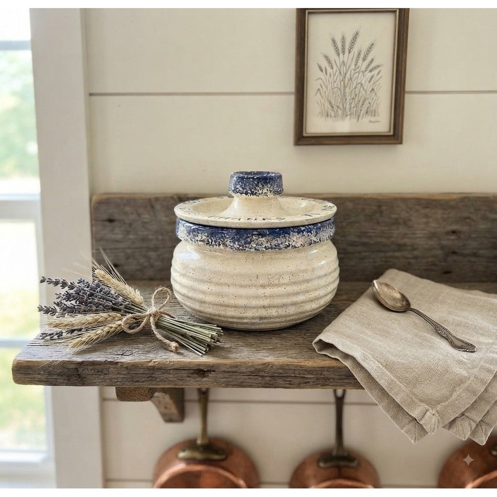KW Studio Pottery Canister Give Thanks To The Lord Blue Cream Speckled 5x5